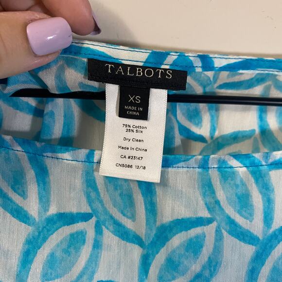 Talbots Silk Blend Lightweight Cover Up Top Leaf Print Turquoise White Sz XS - Picture 4 of 9